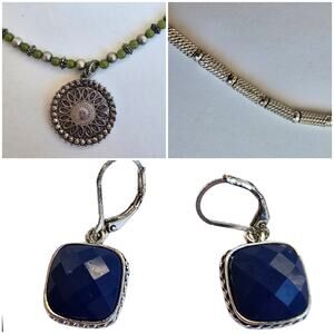 Napier Jewelry Lot 2 Necklaces 1 Pair Earrings Silver Blue Green Metal Beaded
